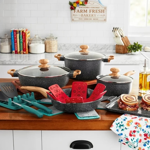 🌺 New The Pioneer Woman Prairie Signature 14-Piece Cast Aluminum Cookware Set - Picture 1 of 8